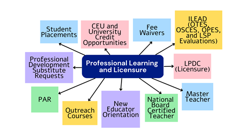 Professional Learning and Licensure areas appear in boxes. These areas are also on the tabs on the left of the webpage.
